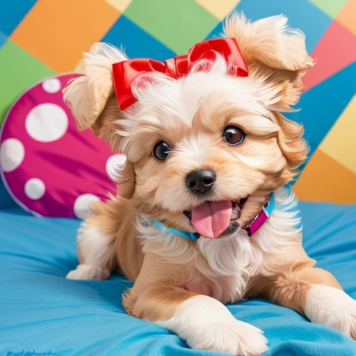 Maltese, yorkshire Terrier, collie or border collie with tongue out mouth open, Golden Retriever, ((bow on head or neck)), dog making a mess in the house, puppy dog tearing up pillow, bedsheet, dog biting shoe. Dog in a championship for the best pet in the world.