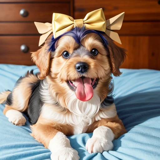Baby Maltese, yorkshire Terrier, collie or border collie with tongue out mouth open, Golden Retriever, ((bow on head or neck)), dog making a mess in the house, puppy dog tearing up pillow, bedsheet, dog biting shoe. Dog in a championship for the best pet in the world.
