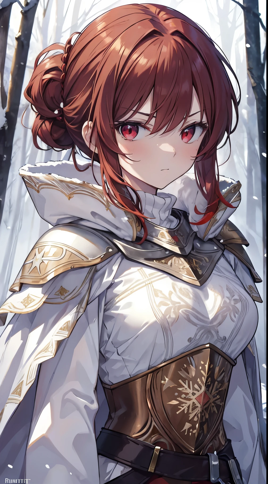 [[[masterpiece:1.2 ultra-detailed, best quality, soft skin, beautiful, 4K, high definition]]] portrait, auburn hair, red eyes, hair-up, medium hair, slender body, barrettes, serious expression, elegant, stoic, masterpiece, medieval, royal winter clothes, snowy forest background, white armor, engraved armor, breastplate, cloak