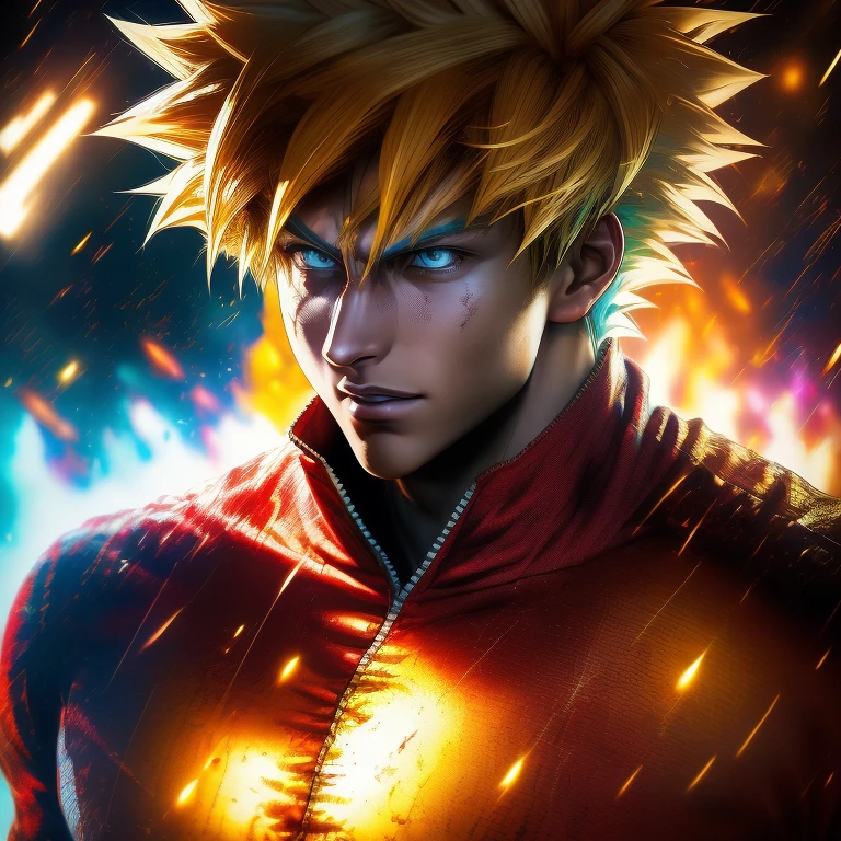 (RAW photo, best quality), (realistic, photo-realistic:1.3), best quality, highly detailed, masterpiece, ultra-detailed, illustration, 2characters, upper_body, dynamic angle, anime art style, superhero theme, Goku wearing Spider-Man suit, highly detailed textures, intricate Spider-Man symbol on chest, vibrant colors, detailed facial features of both characters, vivid background depicting urban cityscape, soft shadows, sharp focus, 4K resolution, Pop art style, Comic book aesthetic, distressed effect on suit texture, Sunlit environment.

Goku, the iconic yellow-haired super Saiyan 3,