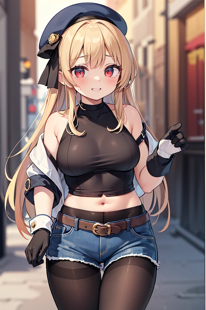 highest quality, extremely detailed, muste piece, 
(one girl:1.4), (small curvaceous :1.3), (11 year old girl:1.2), (smirk1.1), (show teeth), (Dark blue long hair:1.5), 
(brown pantyhose(pantyhose up to navel):1.6), (Deep-rise folded denim shorts:1.3), (new beautiful shorts:1.3), 
(high neck innerwear(tight):1.6), (high neck innerwear(expose one&#39;s stomach:1.5)), (high neck innerwear(separated from pantyhose:1.6)), 
(short sleeve jacketを着る:1.3), (short sleeve jacket(roll up sleeves):1.4),  (red eyes(Twinkling Eyes):1.3), 
(Long brown gloves that reach above the elbow:1.5)superimposed on、(open finger gloves:1.3), (Simple belt-shaped black choker:1.3), (blue beret), 
(Slender stomach:1.4), cute legs, [belly fat:1.4], [muscular:1.4], Serra, 

