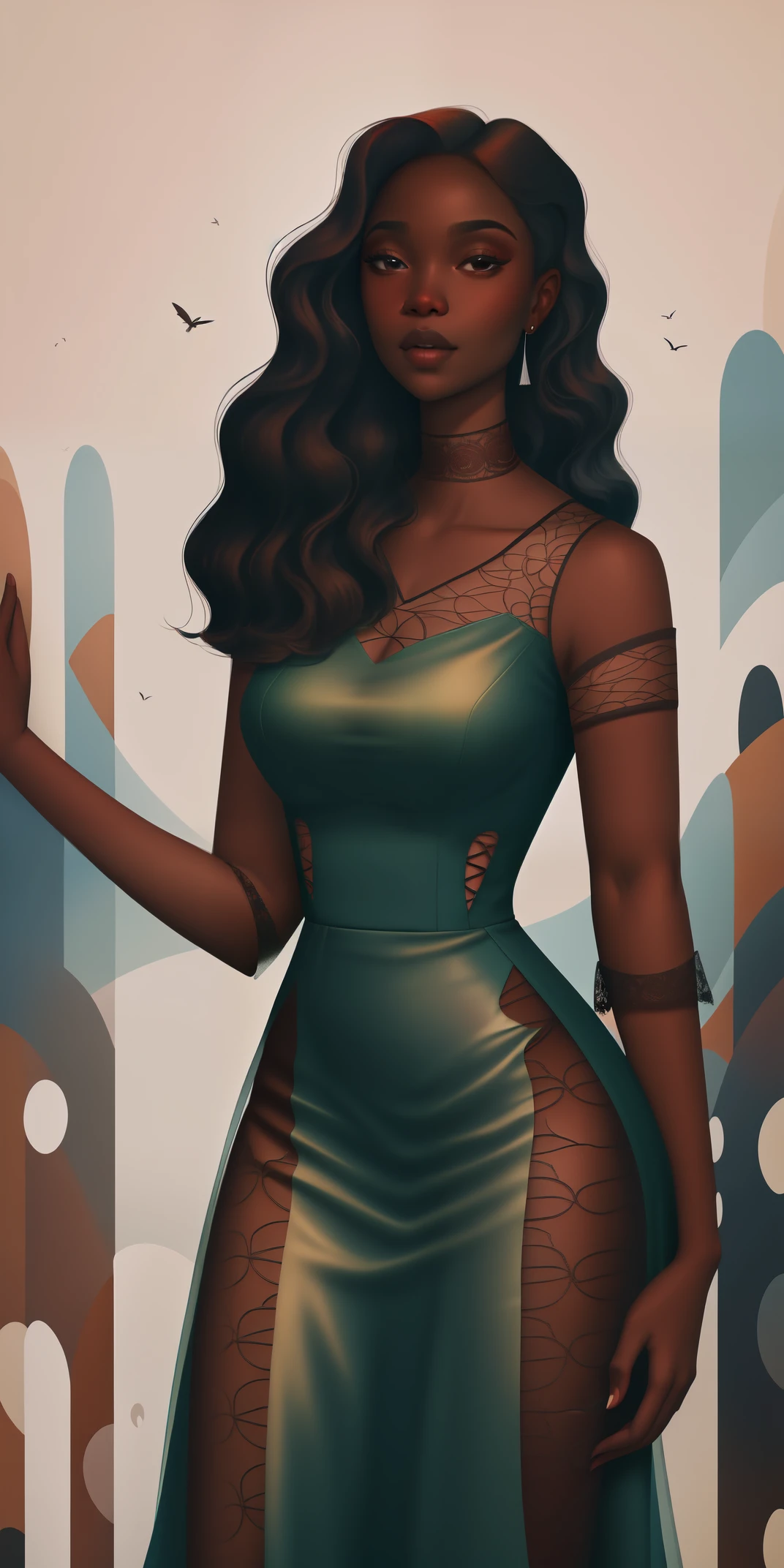 A Congolese black woman with rich dark brown skin, content expression, beautiful, 1woman, intricate detail, long wavy hair, beautiful fitted sheer lace dress, abstract accents in the background 