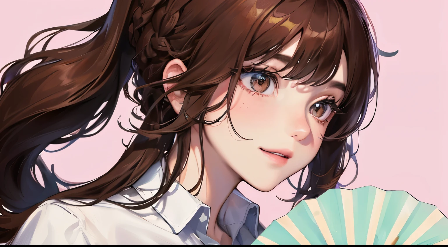 (((1 woman)))、(highest resolution、clear_image) best quality、((Perm hair)),(((Upper body diagram)))、((holding an open fan))、contrast of light and shadow、、pink background、((illumination))、very detailed、Semi-realistic、brown hair、Braided hairstyle、shy smile、bangs、20-year-old、office Lady,,young、((white shirt))、((View from the front))、delicate facial features facial features、