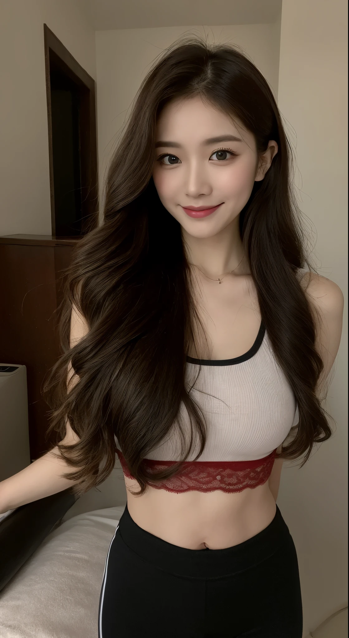 A close up of a woman in a white top and black pants - SeaArt AI