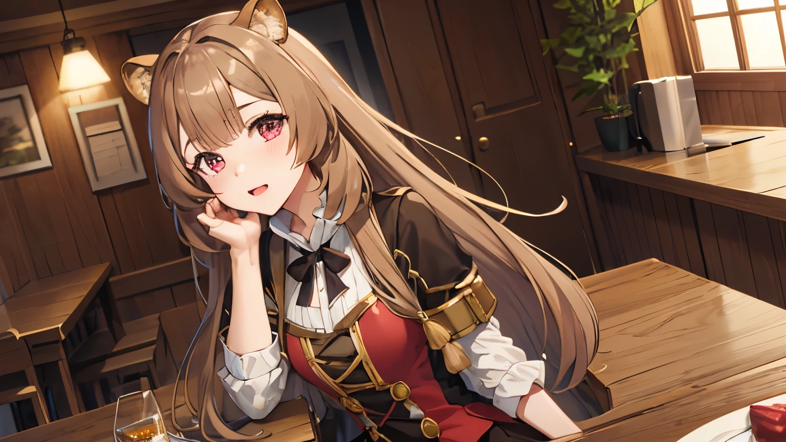 (Best quality), (extremely detailed CG Unity 8k wallpaper), (very detailed), ((absurdity)), Detailed beautiful eyes,
Raphtalia, Red eyes, Brown hair, racoon tail, Raccoon ears, 1 girl, One, whole body, Sit on a chair, tavern,