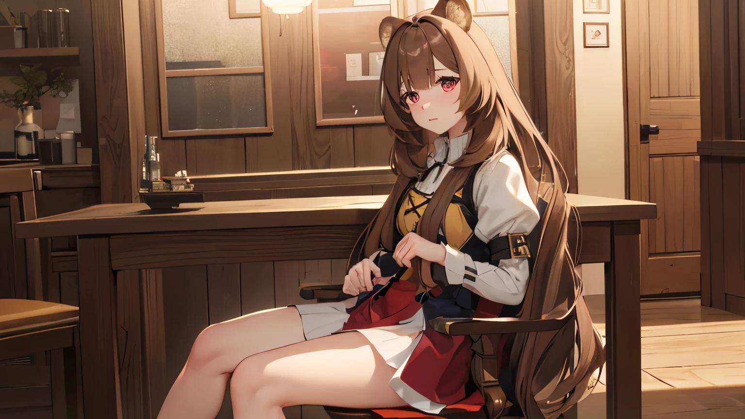 (Best quality), (extremely detailed CG Unity 8k wallpaper), (very detailed), ((absurdity)), Detailed beautiful eyes,
Raphtalia, Red eyes, Brown hair, racoon tail, Raccoon ears, 1 girl, One, whole body, Sit on a chair, tavern,