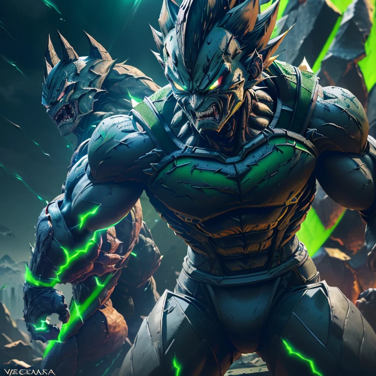 Vegeta, clad in Venom suit, menacing scenery, (Video game character:1.7), Super Villain, (Sagas Warrior:1.5), (Angry expression:1.2), (Symbiote exoskeleton:1.3), (Sharp teeth and fangs:1.1), (Intense, green aura:1.4), (Dark, ominous background:1.0), (Solo:1.0), Outdoors, (Dynamic lighting:1.6), (High resolution:1.2), (Detailed textures:1.9), (Realistic, intimidating posture:1.8), (