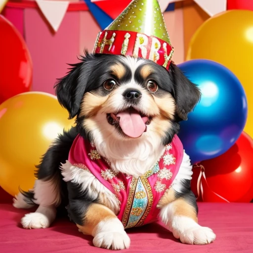 Baby shih Tzu, yorkshire Terrier, collie or border collie with tongue out mouth open, Golden Retriever, dog with its front paws on the table in front of an incredible birthday cake he has a birthday hat on his head the wall in the background has lots of birthday decorations. ((wearing clothes from the Character Jeannie is a genius, usando roupas da moda , wearing Arabic dancer clothes)), dog making a mess in the house, puppy dog tearing up pillow, bedsheet, dog biting shoe. Dog in a championship for the best pet in the world.