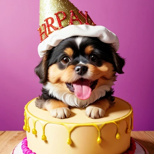 Baby shih Tzu, yorkshire Terrier, collie or border collie with tongue out mouth open, Golden Retriever, dog with its front paws on the table in front of an incredible birthday cake he has a birthday hat on his head the wall in the background has lots of birthday decorations. ((wearing clothes from the Character Jeannie is a genius, usando roupas da moda , wearing Arabic dancer clothes)), dog making a mess in the house, puppy dog tearing up pillow, bedsheet, dog biting shoe. Dog in a championship for the best pet in the world.