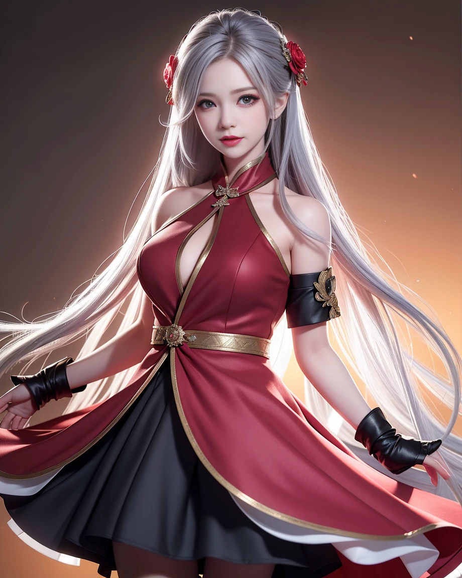 (masterpiece, best quality, Super detailed:1.2), 1 girl, Perfect Curve, (g0ld3mb, Kaneko:1.1), (sparkling galaxy dress:1.1), white long straight hair, tie hair, Wrapped in white silk, (red background:1.2), Elf ears,
