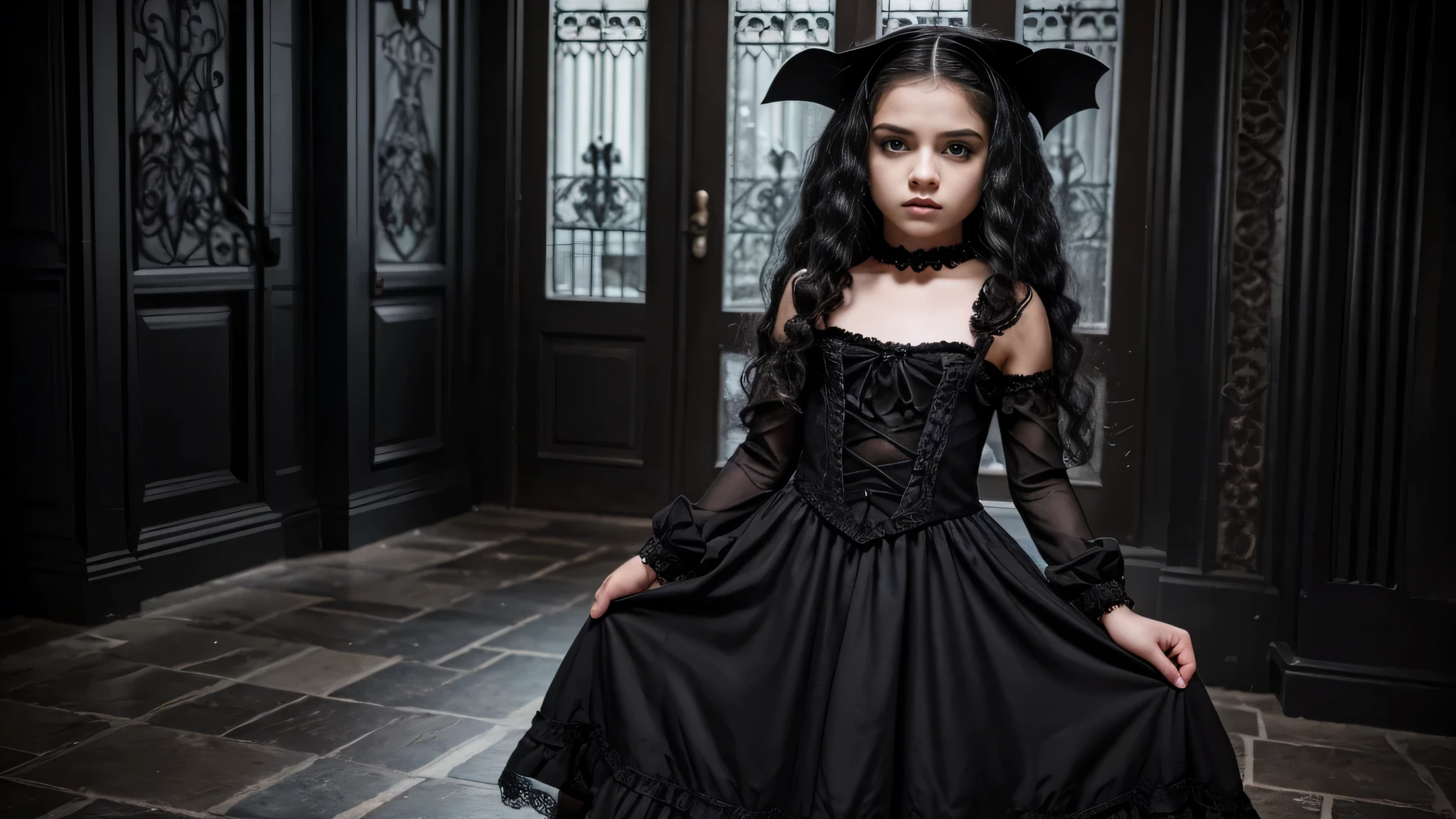 KIDS menina vampira com cabelo longo prateado e LOBO., with symbolic gothic net clothing,