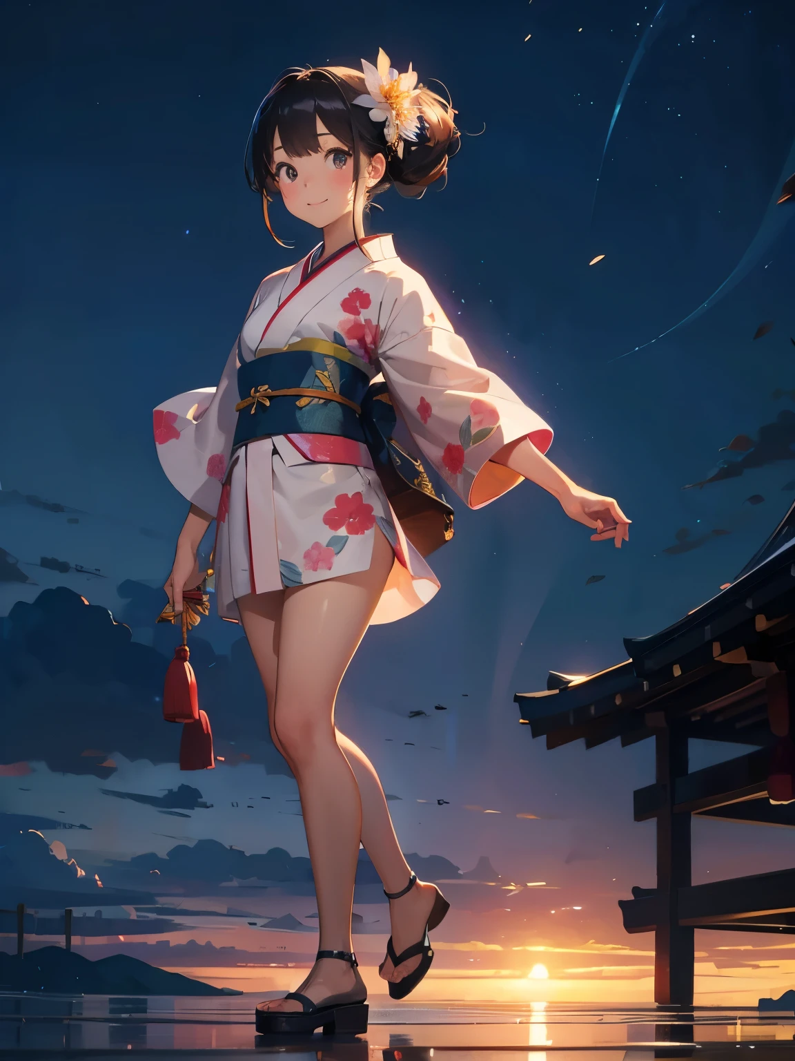 highest quality, High resolution, Super detailed, anatomical, exact ratio, japan background, girl, small, 若いgirl, round face, smile, healthy skin, shiny skin, glowing skin, decoratively tied hair, full body shot, short kimono with flower pattern, Are standing