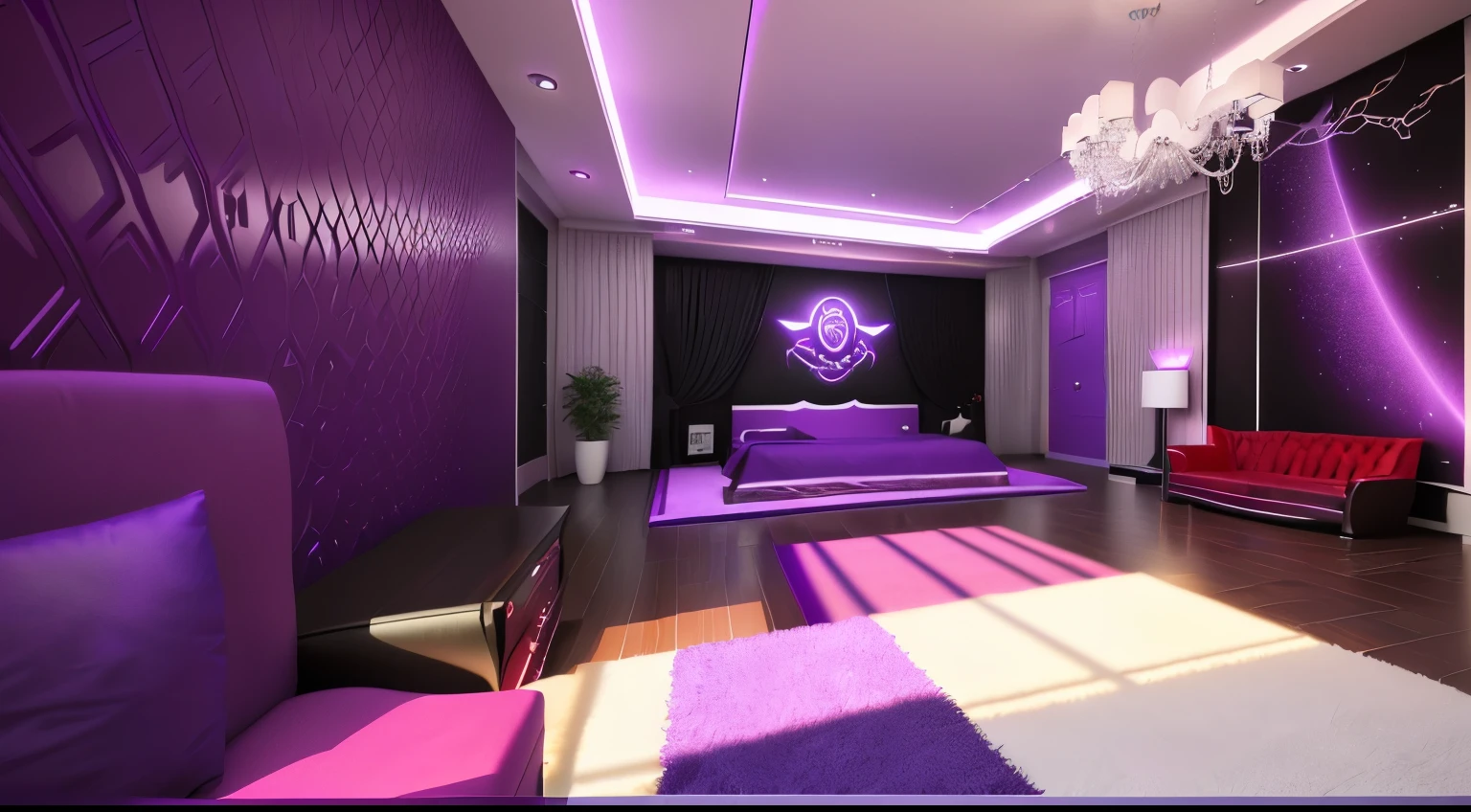 purple and red carpet in room with tv and red rug, Metaverse Virtual Room, Brightly lit purple room, Purple volumetric lighting, Purple Leather Dungeon Bedroom, Скриншот Roblox, ( ( 3D rendering ) ), Haunted Bedroom, The Dim Bedroom, 3D room photography on iOS, Rendering on Unreal 3D, Rendering to POV - Ray