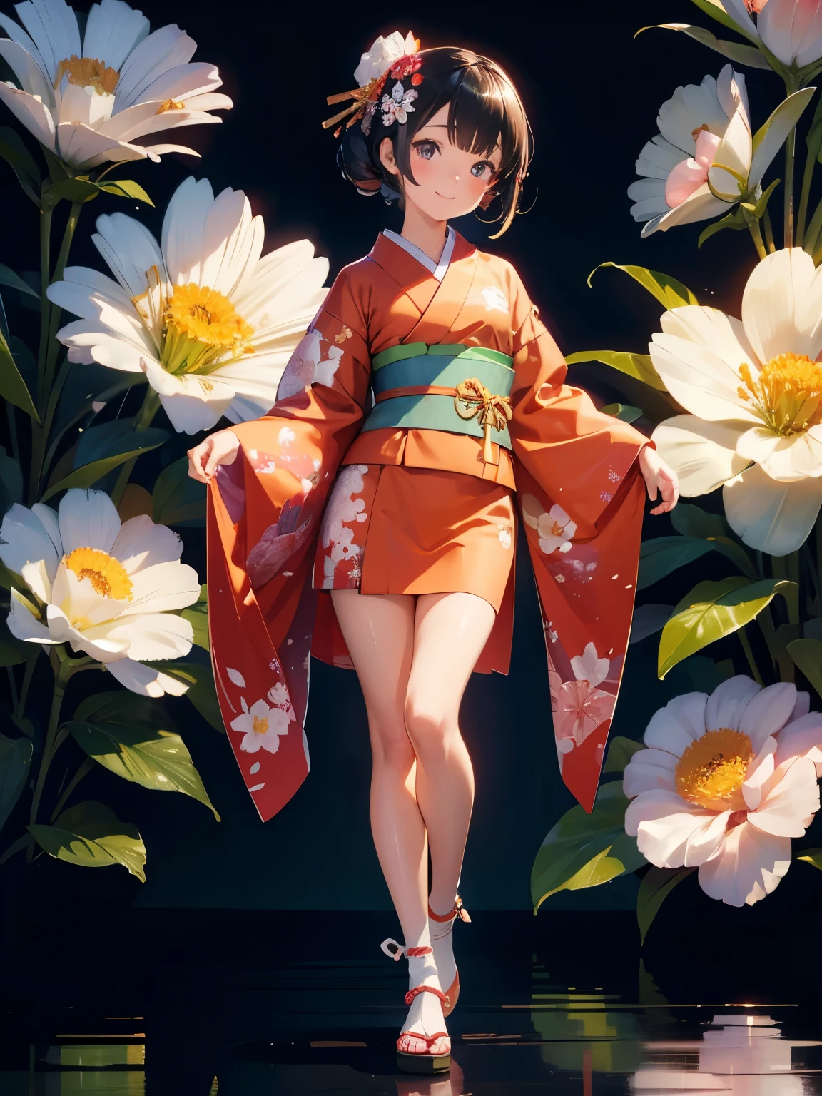 highest quality, High resolution, Super detailed, anatomical, exact ratio, japan background, girl, small, 若いgirl, round face, smile, healthy skin, shiny skin, glowing skin, decoratively tied hair, full body shot, short kimono with flower pattern, Are standing