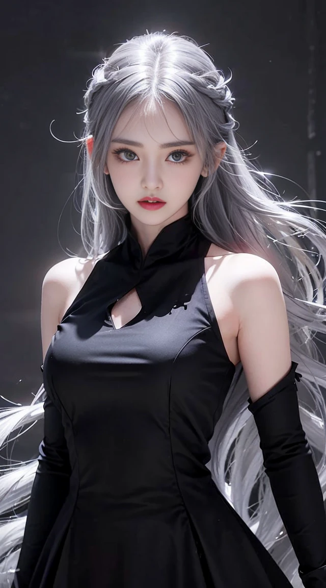 face lighting,bright backlight,ultra high resolution,highest quality,photograph,4K,Biz,1 girl,removed sleeve,alone,dress,gray hair,long hair,(black eye:1.2),red dress,(whole body:1.5),looking at the viewer,