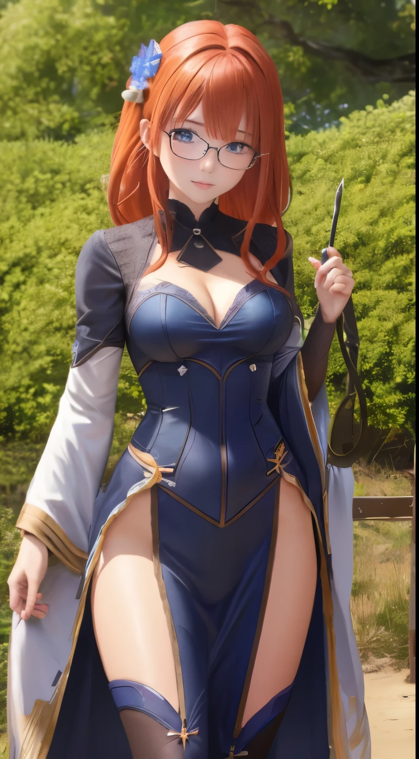 8K, masterpiece, Best quality, Realistic, very detailed, cowboy shot, 1 girl, One, Itsuki, A girl with a serious appearance, medium length hair, Expressive Ahoge, reddish-orange hair, a pair of star-shaped hairpins near both eyes, Dark blue eyes, Regular, Well-endowed figure, Glasses, Cute, Easter
