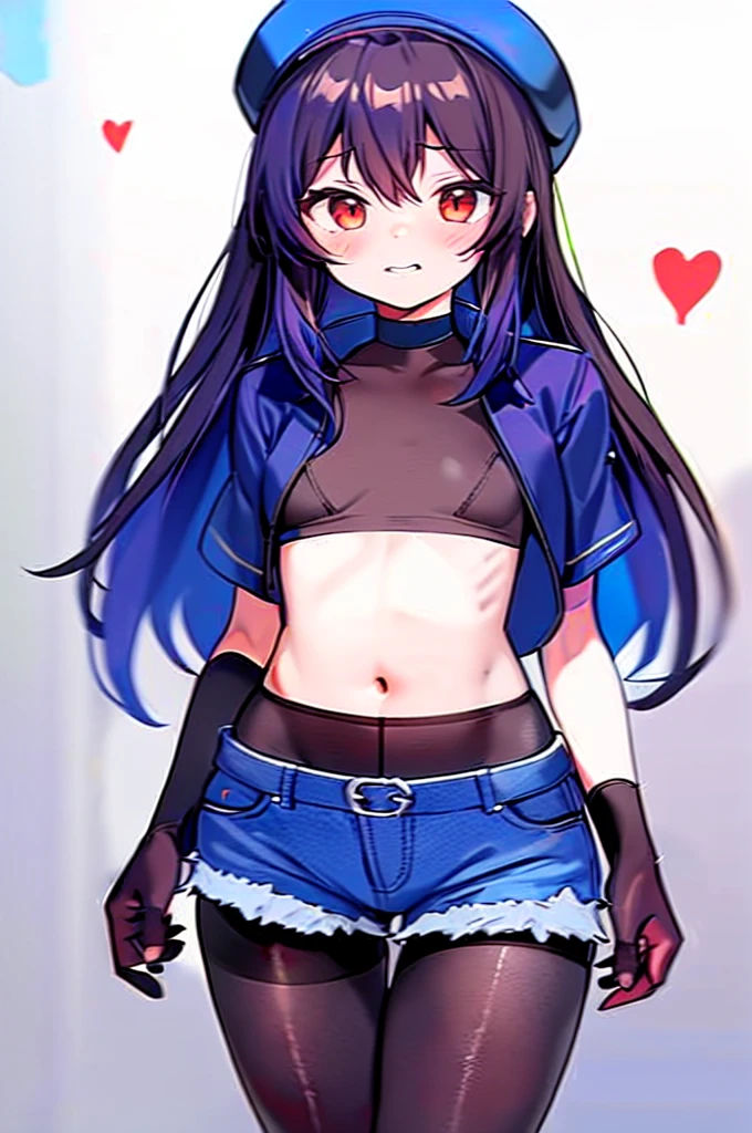 highest quality, extremely detailed, muste piece, 
(one girl:1.4), (small curvaceous :1.3), (11 year old girl:1.2), (smirk1.1), (show teeth), (Dark blue long hair:1.5), 
(brown pantyhose(pantyhose up to navel):1.6), (Deep-rise folded denim shorts:1.3), (new beautiful shorts:1.3), 
(high neck innerwear(tight):1.6), (high neck innerwear(expose one&#39;s stomach:1.5)), (high neck innerwear(separated from pantyhose:1.6)), 
(short sleeve jacketを着る:1.3), (short sleeve jacket(roll up sleeves):1.4),  (red eyes(Twinkling Eyes):1.3), 
(Long brown gloves that reach above the elbow:1.5)superimposed on、(open finger gloves:1.3), (Simple belt-shaped black choker:1.3), (blue beret), 
(Slender stomach:1.4), cute legs, [belly fat:1.4], [muscular:1.4], Serra, 

