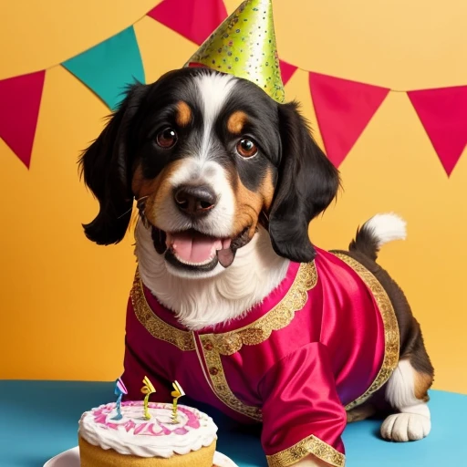Basset hound, yorkshire Terrier, collie or border collie with tongue out mouth open, Golden Retriever, dog with its front paws on the table in front of an incredible birthday cake he has a birthday hat on his head the wall in the background has lots of birthday decorations. ((wearing clothes from the Character Jeannie is a genius, usando roupas da moda , wearing Arabic dancer clothes)), dog making a mess in the house, puppy dog tearing up pillow, bedsheet, dog biting shoe. Dog in a championship for the best pet in the world.
