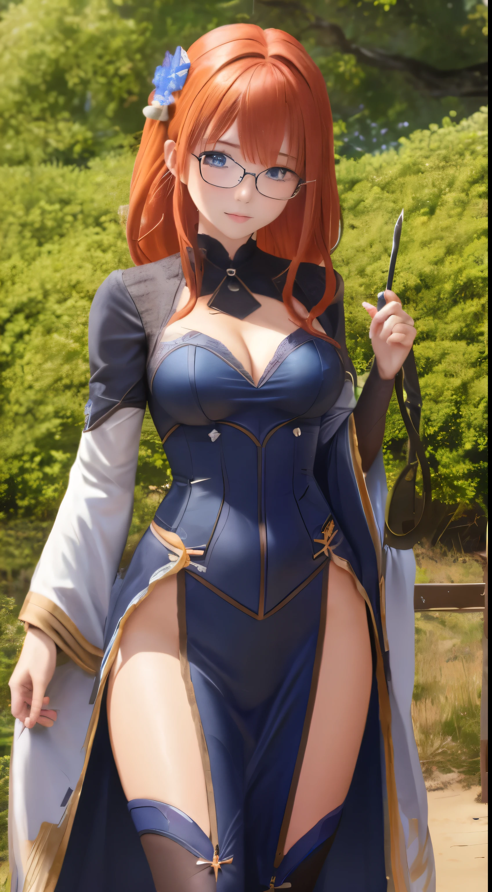 8K, masterpiece, Best quality, Realistic, very detailed, cowboy shot, 1 girl, One, Itsuki, A girl with a serious appearance, medium length hair, Expressive Ahoge, reddish-orange hair, A pair of star-shaped hairpins near both eyes, Dark blue eyes, ordinary, Well-endowed figure, Glasses, Cute, Easter
