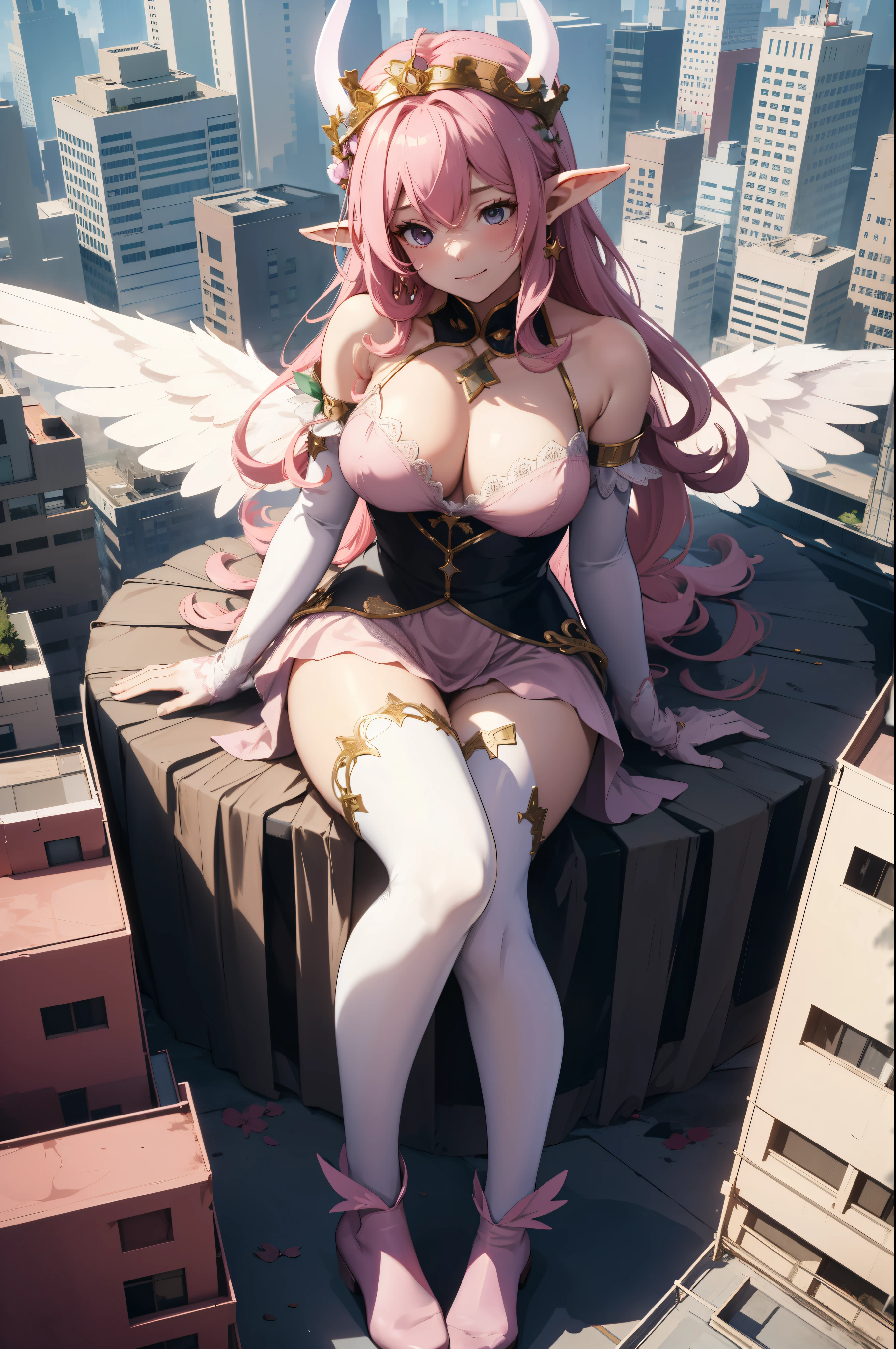 giant girl 50,000 feet high,Weight 1000kg,Has a pair of huge pink angel wings,With huge devil horns on his head,wear a crown on your head,Elf wearing pink earrings,She has long pink hair that reaches her feet,loose hair,Pink wavy long curly hair,Wearing a pair of pink boots on her feet,Pink lace gloves,Pink lace pantyhose,Bow and star embellished tights,粉色蕾丝whole body,Standing tall above the small town,Beautiful appearance,Exquisite makeup,quality,8k,高quality,Perfect proportion, Cinema lighting,film grain,Fuji colors,8k,textured skin,Super details,high detail,high resolution,fake smile,blood stains,脚底有blood stains,whole body,fat,elf princess,feather,flowers,Sitting elegantly on a tall building。