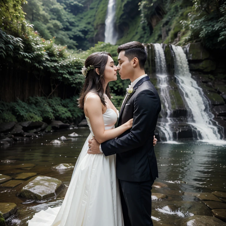 An enchanting scene unfolds as a young couple kisses passionately in the foreground, framed by the splendor of a cascading waterfall, vibrant greenery, and misty surroundings, emphasizing the connection between the couple, realistic photo, taken with a 35mm lens, capturing the entire scene with clarity,