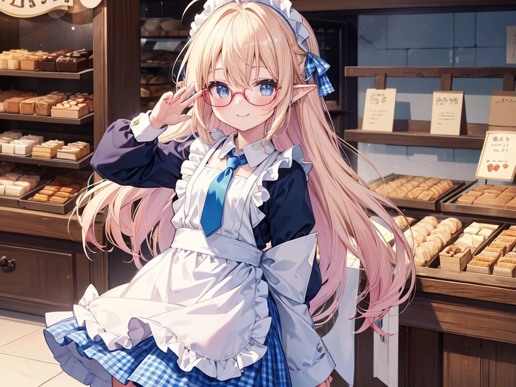 ultra detailed, best quality, high resolution, ((8k)), ((little child:1.4)), solo, pale skin, petite, (glossy blonde hair), (long hair), blue eyes, (ahoge:1.3), ((rimless glasses)), ((pointy ears)), (blush:1.5), ((single short braid:0.8)), (happy smile:1.5), ((cowboy shot)), ((watercolor)), ((kobeya waitress, Kobeya bakery uniform, white blouse, blue ribbon tie, blue flare skirt, gingham check apron)), bakery, open mouth