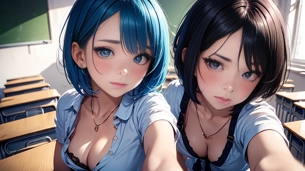 (master part: 1.3), (maximum resolution: 1.2), (Ultra HDTV: 1.2), cinema light, Ultra HDTV, (detailed eyes and skin), (detailed facial features), HDR, 8K resolution, sharp focus: 1.2, perfect style, beautiful face, correct, anatomically correct, Highly detailed texture of face and skin, big eyes, blue colored eyes, round face, double eyelid, thin eyebrows, natural cheeks, glowing skin, first person perspective, ((bra)), (embarrassing:1.2), (blush:1.2), innocent and cute girl, (blue hair), ((very short hair:1.5)), (In the classroom: 1.2),  (I〜J cup breasts, Big peach ass)