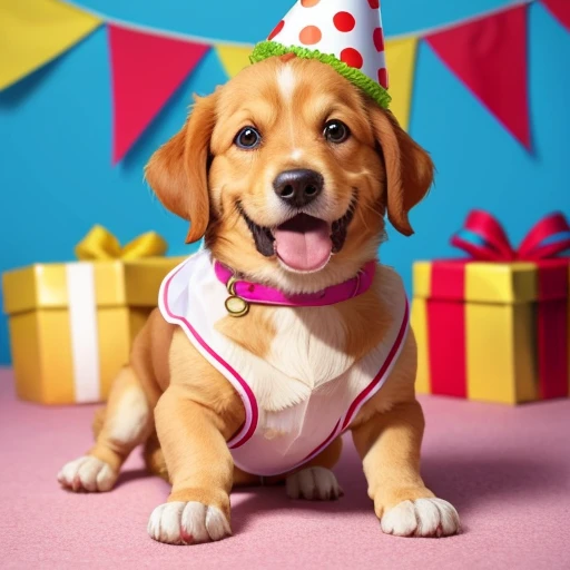 Baby Beagle with tongue out mouth open, Golden Retriever, dog with its front paws on the table in front of an incredible birthday cake he has a birthday hat on his head the wall in the background has lots of birthday decorations. ((wearing clothes from the Character Jeannie is a genius, usando roupas da moda , wearing Arabic dancer clothes)), dog making a mess in the house, puppy dog tearing up pillow, bedsheet, dog biting shoe. Dog in a championship for the best pet in the world.