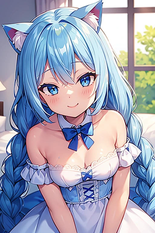 One Girl,Light blue hair with cat ears, braids, lots of white butterfly hair accessories, kind smile, deep blue eyes, beautiful blue baby doll, fancy bedroom