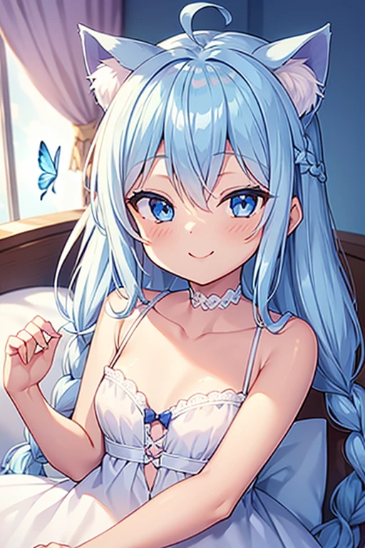 One Girl,Light blue hair with cat ears, braids, lots of white butterfly hair accessories, kind smile, deep blue eyes, beautiful blue baby doll, fancy bedroom