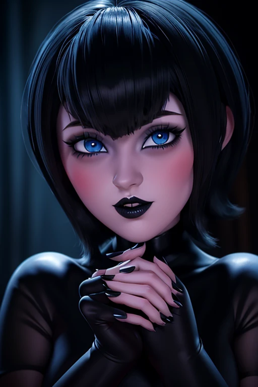 Mavis dracula gothic makeup short hair bob style thick and voluminous lips perfect detailed blue eyes pale skin hands on jaw long nails painted black perfect detailed polish seductive and perverted look nudes