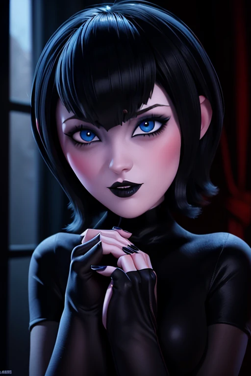 Mavis dracula gothic makeup short hair bob style thick and voluminous lips perfect detailed blue eyes pale skin hands on jaw long nails painted black perfect detailed polish seductive and perverted look nudes