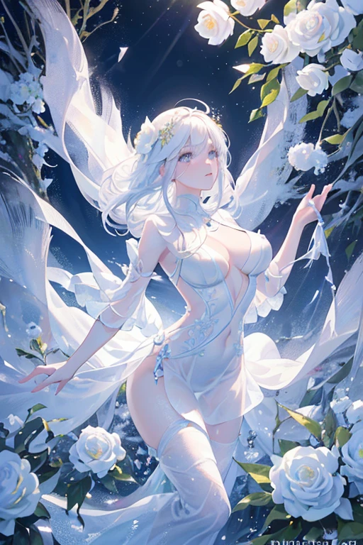 (Paradise in Heaven), White lighting,(muste piece), (best quality), (cinematic), 8K, (art station),(長いwhite hairとSilvery eyesを持つ1人の女), (beautiful delicate face)、[Frozen trees々], [landscape crystal], [lighting], [Ethereal Atmosphere:1.1], [fantasy, short story] ,[soft なlighting] 、(+cinematic shot:1.2)、 [+art station] 、[+luminous white background] 、 [soft glow] 、(Creative and dynamic angles:1.3), [+Crystal Toning] 、muste piece, very detailed, Super detailed, solo, (pale skin), Silvery eyes, white hair, (snow background), (snowflake rosen flower:1.0), (shining crystal), (Snowy ground), (White lashes), sexy woman、dreamy and detailed, Gorgeous setting, 妖しい雰囲気 muste piece, The most beautiful scenes, majestic、(((full of white flowers)))、quiet and serene atmosphere、attractive, all white tones,Inside the crystal library,Transparent flowers and falling snow，Many white roses are planted,(water flowing,waterfall,water bloom),The decoration is also carefully done.,dream（very detailedです，creative design，crisp and precise lines，K HD，best quality，master piece，超High resolution，In 4K）、Diverse poses、((beautiful white flower hair ornament))、beautiful hairstyle、(best quality, In 4K, 8K, High resolution, muste piece:1.2), Super detailed, detailed expression, graceful posture, expressive brush strokes, mysterious atmosphere, artistic interpretation,Delicate floral jewelry， (((Detailed design、Beautiful transparent dress made of thin fabric、Sheer mini dress that shows off your skin)))、(SFW:1.5), (oversized breasts, best body proportions, proportions of large breasts,:1.5)