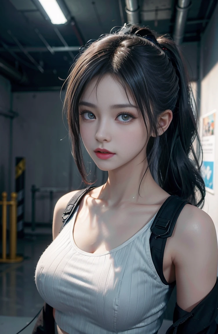 ((masterpiece)), super high quality, curly high ponytail girl, gray hair, cyberpunk style, blowing bubble candy, dressed in cyberpunk street style clothing. The whole painting is full of science and technology culture, the face is grim, exuding a glacier-like aura, petite body type, dynamic posture, golden section, lens highlights focus, Large Diameter, side light effect, white background, clear details, Light tones, very impactful picture, clear brush, Full of details, bright eyes, light and shadow tracking