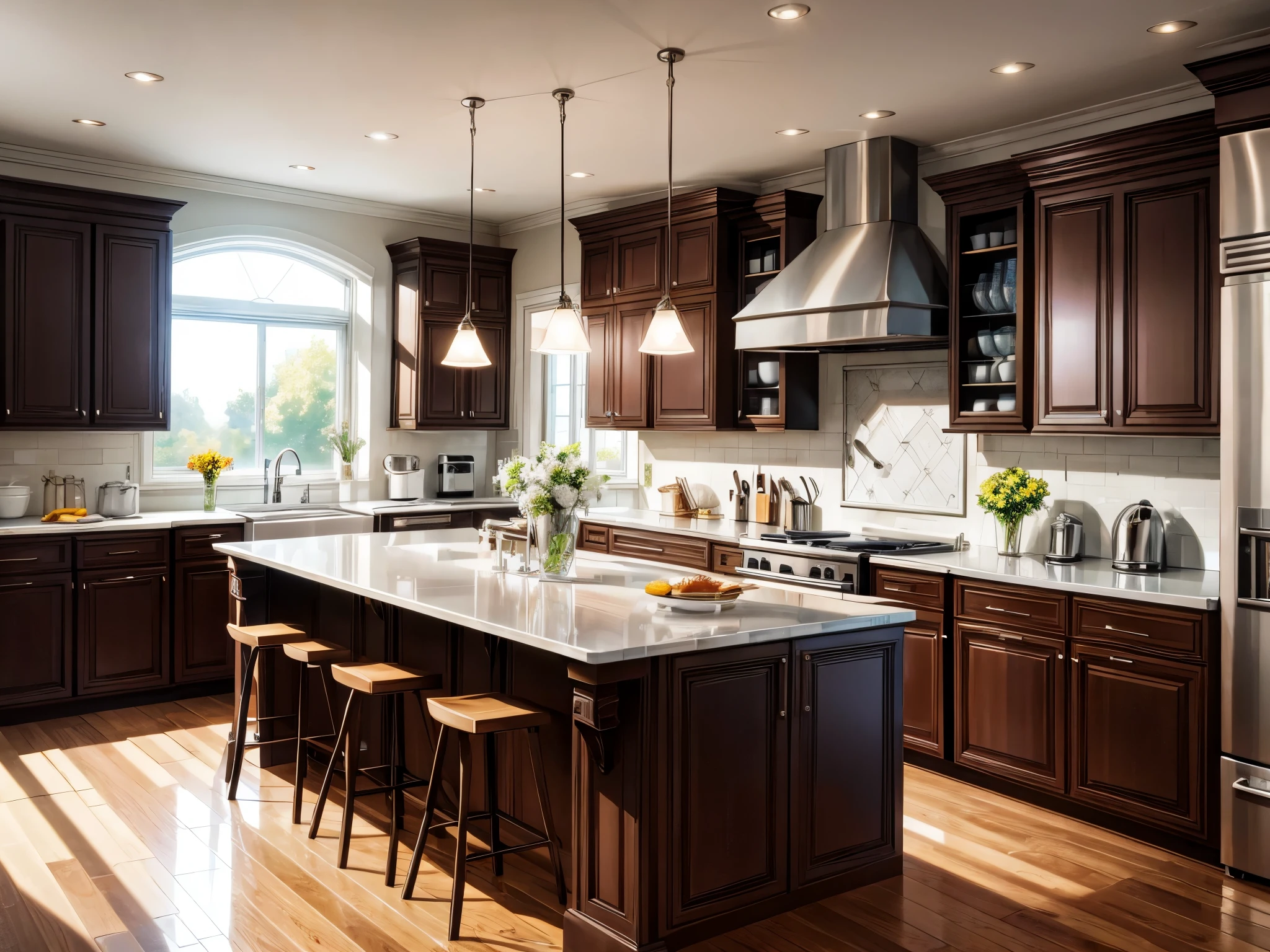 Modern kitchen, glass holders, cupboards, sinks, cooking counters, warm colors, award-winning masterpieces with incredible detail, large windows