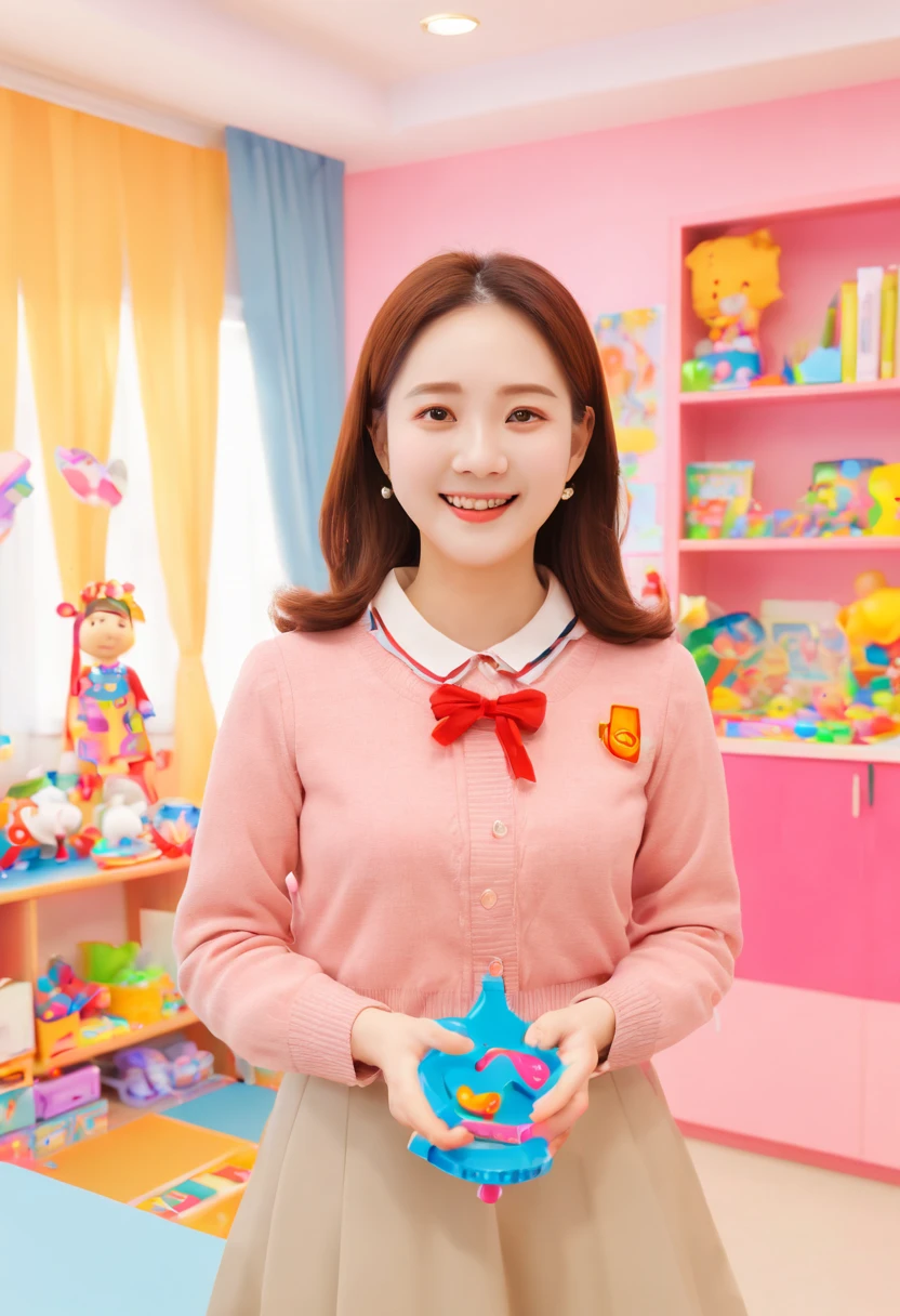 a female kindergarten teacher, teacher clothes, dream girlfriend, smile, delightful, intelligent, a sense of spring warmth and happiness, colorful and vibrant kindergarten classroom, educational toys, colorful decorations, children's artwork, joyful and lively atmosphere, best quality, masterpiece, 8k