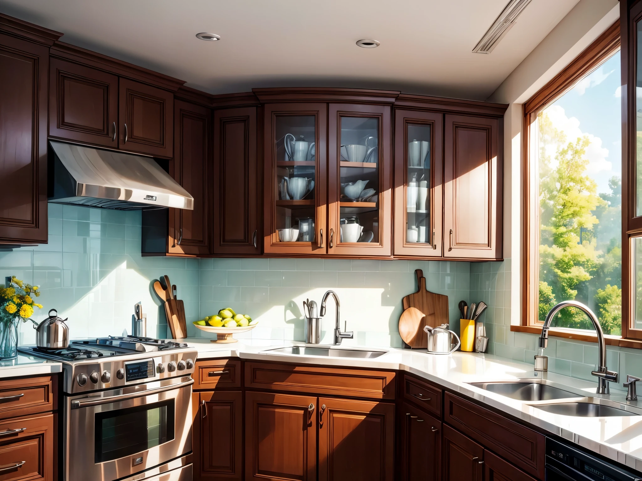 Modern kitchen, glass holders, cupboards, sinks, cooking counters, warm colors, award-winning masterpieces with incredible detail, large windows