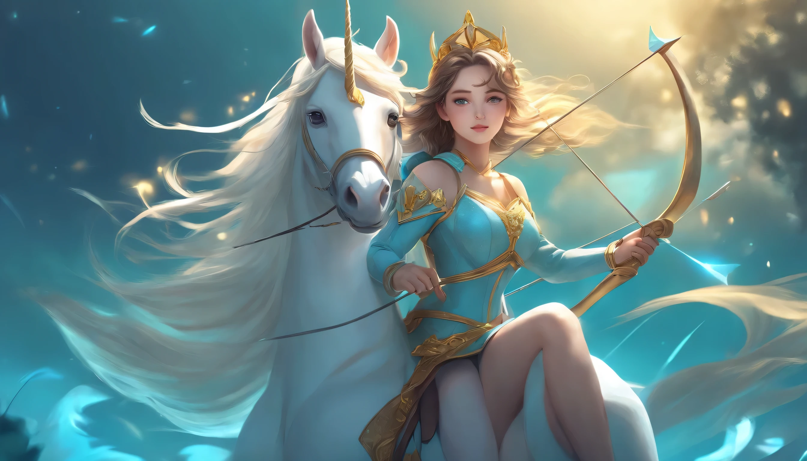 Le personnage d'anime est une fille chevauchant une licorne avec une corne et tenant une flèche d'amour à la main., Tridimensionnel, Combinaison de couleurs dégradées du bleu clair au turquoise, avec des nuances de jaune, Utiliser la résolution 4K, Utiliser une composition simple et naturelle, téléphone intelligent, Les dessins animés