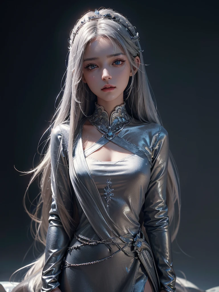 masterpiece, best quality, extremely detailed,cinematic lighting, finely detailed beautiful face and eyes, stoic, arrogant , long smooth shiny silver hair, Realistic lighting, pretty face , Body perfect anatomy,Top Quality, Top resolution, realistic , Cinematic, Aesthetic, beautiful girl , full body , princess,