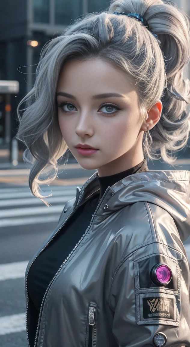 ((masterpiece)), super high quality, curly high ponytail girl, gray hair, cyberpunk style, blowing bubble candy, dressed in cyberpunk street style clothing. The whole painting is full of science and technology culture, the face is grim, exuding a glacier-like aura, petite body type, dynamic posture, golden section, lens highlights focus, Large Diameter, side light effect, white background, clear details, Light tones, very impactful picture, clear brush, Full of details, bright eyes, light and shadow tracking