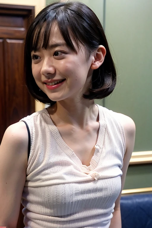 (Masseter muscle part:1.3)、(In 8K、Photoreal、Raw photo、highest quality: 1.4)、(1 girl)、beautiful face、(lifelike face)、(brown hair、short hair:1.1)、beautiful hairstyle、realistic eyes、beautiful details、（skin that looks real）、beautiful skin、knit、flat breasts、navel、attractive、Super high resolution、surreal、high detail、golden ratio、Around 、leaning forward、I can see your chest、Sexy、armpits、looking back、upskirt、tongue out、(embarrassed,blush:1.3)