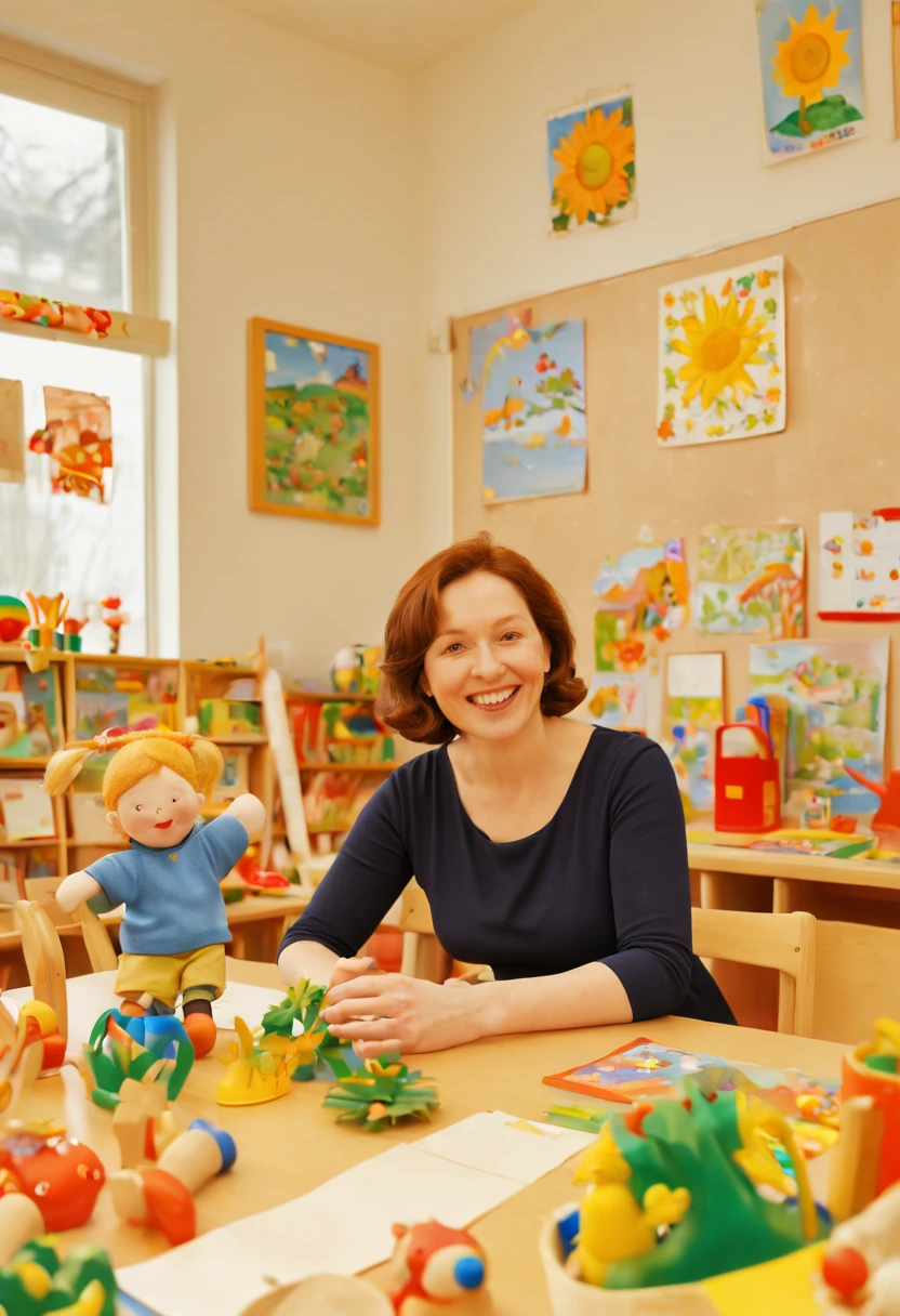 a female teacher, by Elsa Beskow, dream girlfriend, smile, delightful, intelligent, a sense of spring warmth and happiness, colorful and vibrant kindergarten classroom, educational toys, colorful decorations, children's artwork, joyful and lively atmosphere, best quality, masterpiece, 8k