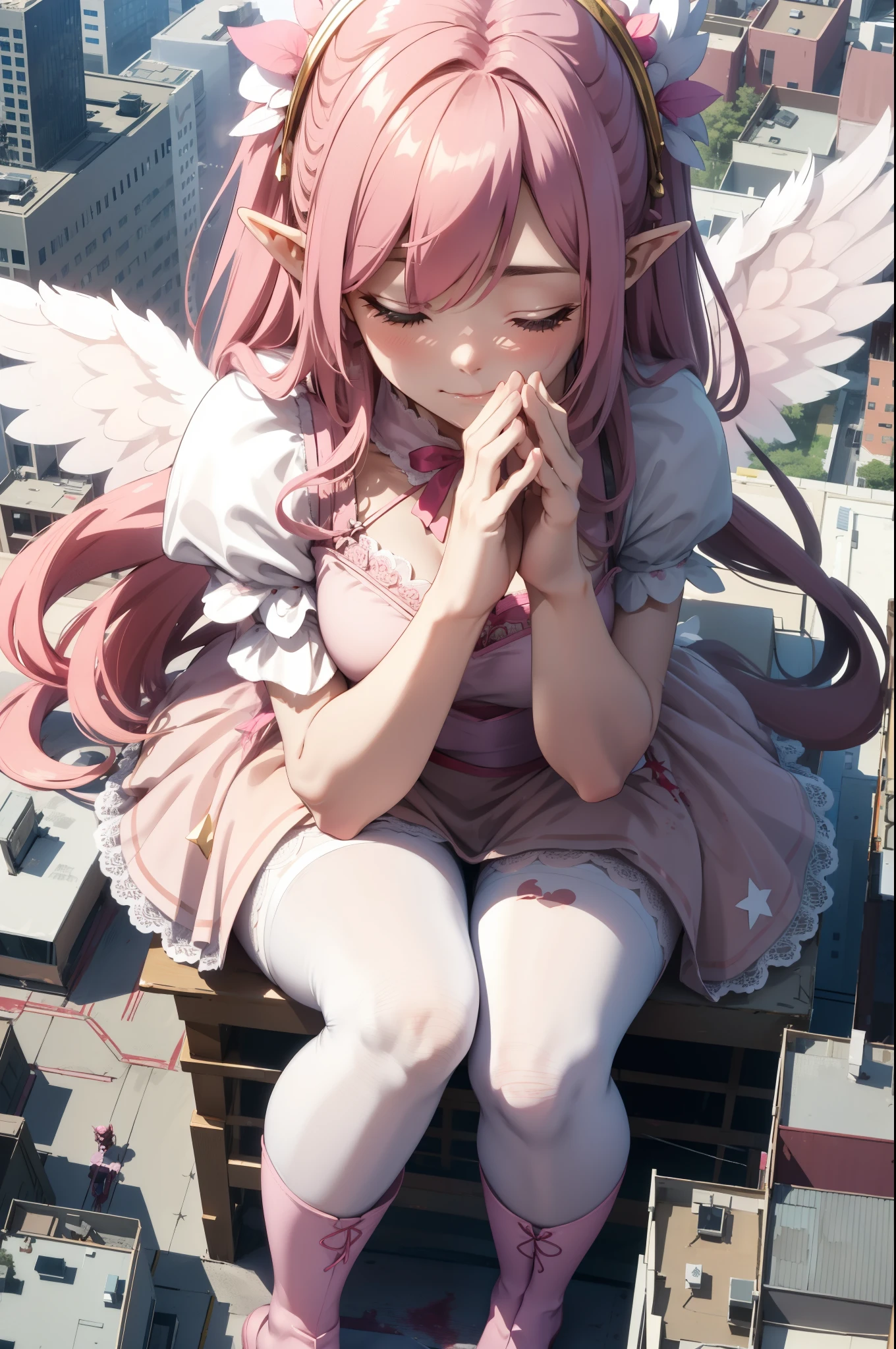 giant girl 50,000 feet high，Weight 1000kg，Has a pair of huge pink angel wings，With huge devil horns on his head，crown on head，Elf wearing pink earrings，She has long pink hair that reaches her feet，loose hair，Pink wavy long curly hair，Wearing a pair of pink boots，Pink lace gloves，Pink lace pantyhose，Pantyhose with bow and star decorations，粉色蕾丝whole body，Standing upright on a small city，Beautiful appearance，Exquisite makeup，quality，8k，高quality，Perfect proportion, Cinema lighting，film grain，Fuji colors，8k，textured skin，Super details，high detail，high resolution，fake smile，blood stains，脚底有blood stains，whole body，Obese，elf princess，feather，flowers，Sitting elegantly on a tall building。