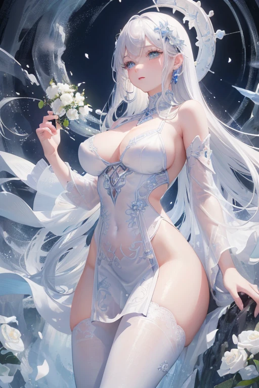 (Paradise in Heaven), White lighting,(muste piece), (best quality), (cinematic), 8K, (art station),(長いwhite hairとSilvery eyesを持つ1人の女), (beautiful delicate face)、[Frozen trees々], [landscape crystal], [lighting], [Ethereal Atmosphere:1.1], [fantasy, short story] ,[soft なlighting] 、(+cinematic shot:1.2)、 [+art station] 、[+luminous white background] 、 [soft glow] 、(Creative and dynamic angles:1.3), [+Crystal Toning] 、muste piece, very detailed, Super detailed, solo, (pale skin), Silvery eyes, white hair, (snow background), (snowflake rosen flower:1.0), (shining crystal), (Snowy ground), (White lashes), sexy woman、dreamy and detailed, Gorgeous setting, 妖しい雰囲気 muste piece, The most beautiful scenes, majestic、(((full of white flowers)))、quiet and serene atmosphere、attractive, all white tones,Inside the crystal library,Transparent flowers and falling snow，Many white roses are planted,(water flowing,waterfall,water bloom),The decoration is also carefully done.,dream（very detailedです，creative design，crisp and precise lines，K HD，best quality，master piece，超High resolution，In 4K）、Diverse poses、((beautiful white flower hair ornament))、beautiful hairstyle、(best quality, In 4K, 8K, High resolution, muste piece:1.2), Super detailed, detailed expression, graceful posture, expressive brush strokes, mysterious atmosphere, artistic interpretation,Delicate floral jewelry， (((Detailed design、Beautiful transparent dress made of thin fabric、Sheer mini dress that shows off your skin)))、(SFW:1.5), (oversized breasts, best body proportions, proportions of large breasts,:1.5)