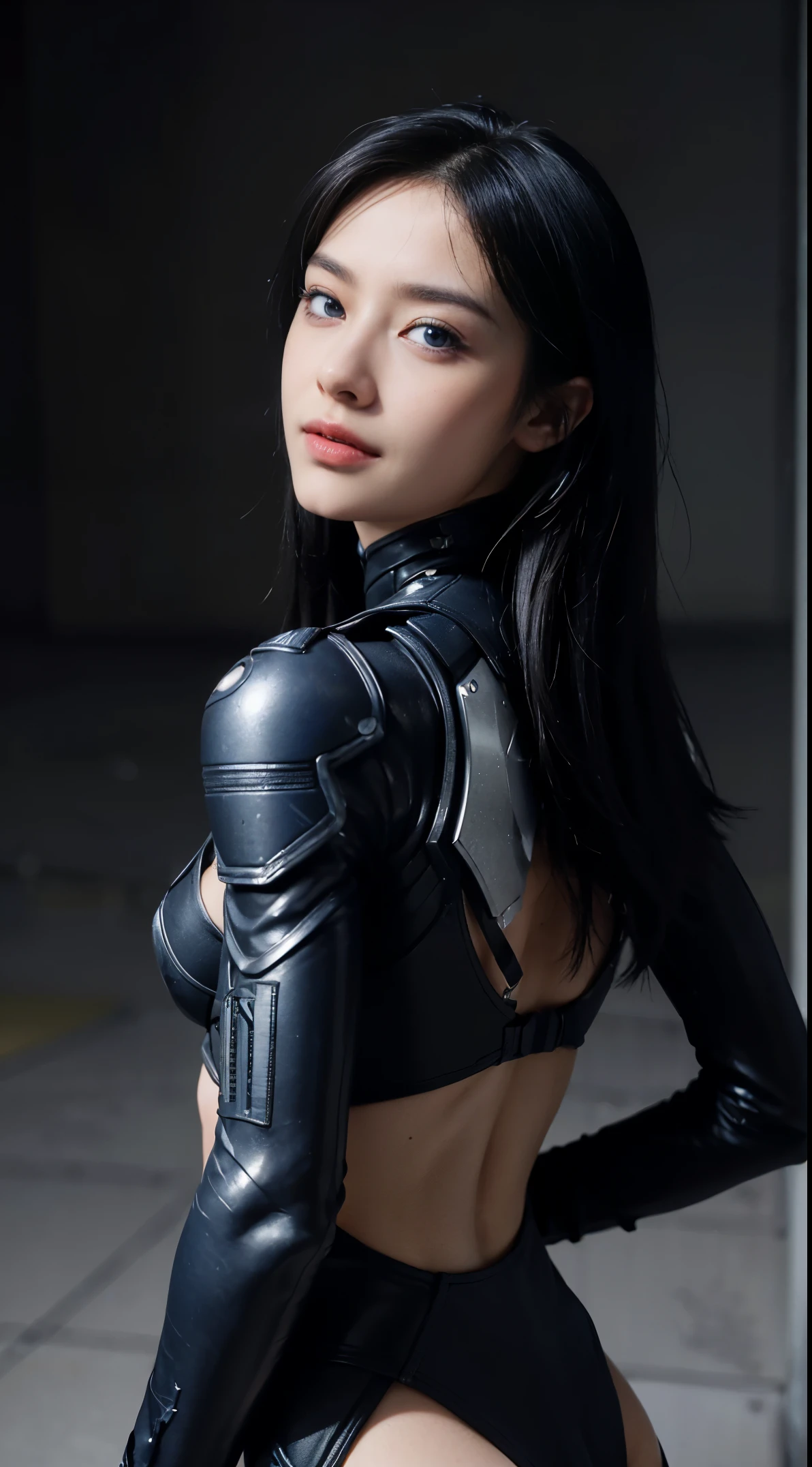 8K, highest quality, intricate details, ultra detail, ultra high resolution, masterpiece, ((close up shot)), shot from behind , looking away from the viewer,, thin, smile, (compensate: 0.4), (ふわふわのblue eyes: 1.21), blue eyes,, ((whole body)), 1 girl, alone, 1 girl, (( whole body)), close up shot, , , ((expensive)), (((fit the body))), (((slim face))), sharp face, clear eyes, (((black hair, long hair, )) ,(detailed face), sharp face, small lips, thin lips, Hold the gun blade,
(( Torn Cybersuit, Torn Cybersuit )), detailed face, detailed chest, , big breasts, details butt, round butt , Beautiful girl with slender abdominal muscles: 1.4, six pack abs: 1.4, bust botox, big, perfect body, detail leg, (( moonlight)), cyber city