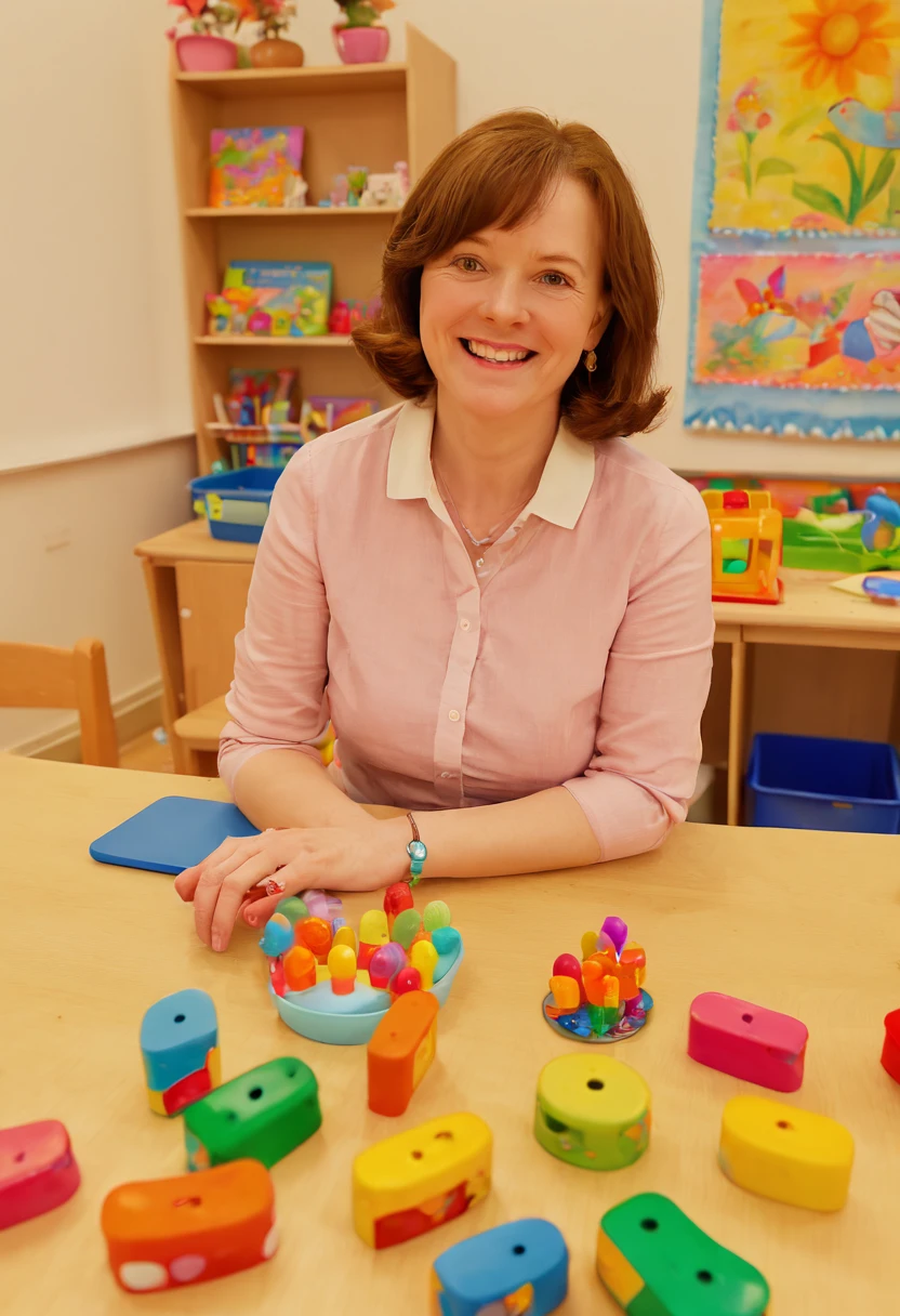 a female kindergarten teacher, by Angela Barrett, dream girlfriend, smile, delightful, intelligent, a sense of spring warmth and happiness, colorful and vibrant kindergarten classroom, educational toys, colorful decorations, children's artwork, joyful and lively atmosphere, best quality, masterpiece, 8k