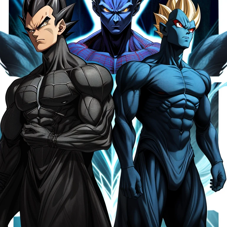 Vegeta, clad in a fusion of power and alien technology, dons the infamous Spider-Man symbiote suit. This hyper-realistic, top-quality image captures the Saiyan prince's intricately detailed facial features – his intense gaze, sharp cheekbones, and piercing yellow eyes. His muscular physique bulges beneath the suit's black fabric, every sinew and vein visible. The suit, an absurd mixture of Saiyan armor and the alien symbiote, clings to his body, revealing his toned abs, and the mechanical joints subtly peek out where the suit meets his skin. The suit's transparent sections highlight Ve