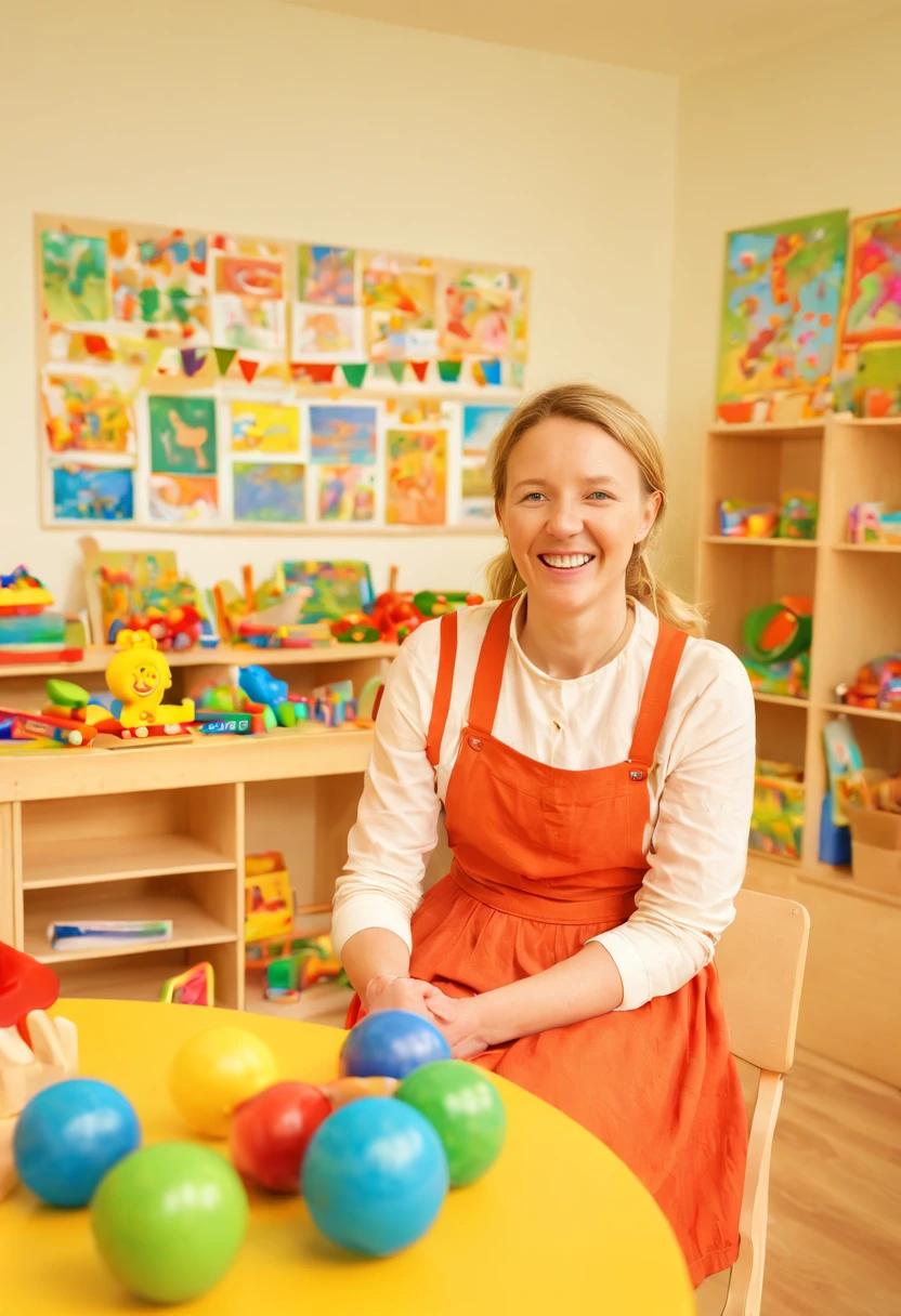 a female kindergarten teacher, by Anna Ancher, dream girlfriend, smile, delightful, intelligent, a sense of spring warmth and happiness, colorful and vibrant kindergarten classroom, educational toys, colorful decorations, children's artwork, joyful and lively atmosphere, best quality, masterpiece, 8k