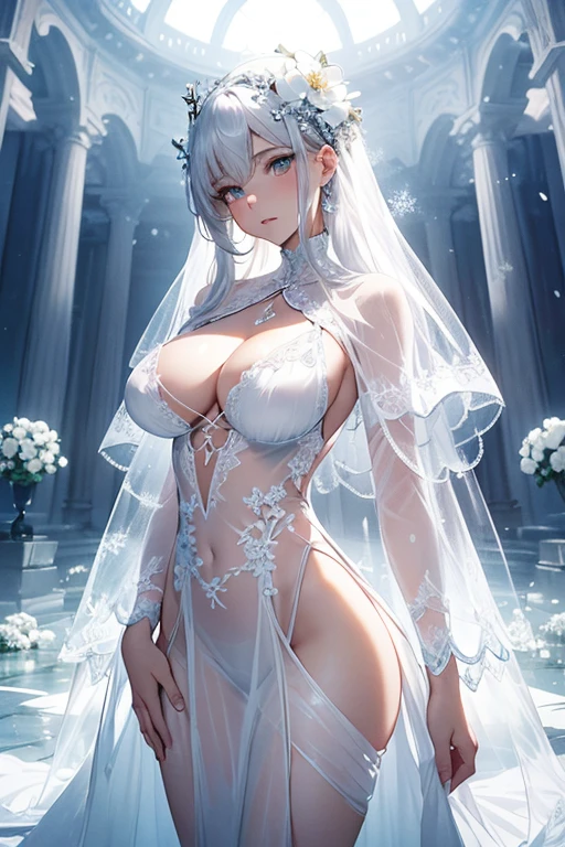 (Paradise in Heaven), White lighting,(muste piece), (best quality), (cinematic), 8K, (art station),(長いwhite hairとSilvery eyesを持つ1人の女), (beautiful delicate face)、[Frozen trees々], [landscape crystal], [lighting], [Ethereal Atmosphere:1.1], [fantasy, short story] ,[soft なlighting] 、(+cinematic shot:1.2)、 [+art station] 、[+luminous white background] 、 [soft glow] 、(Creative and dynamic angles:1.3), [+Crystal Toning] 、muste piece, very detailed, Super detailed, solo, (pale skin), Silvery eyes, white hair, (snow background), (snowflake rosen flower:1.0), (shining crystal), (Snowy ground), (White lashes), sexy woman、dreamy and detailed, Gorgeous setting, 妖しい雰囲気 muste piece, The most beautiful scenes, majestic、(((full of white flowers)))、quiet and serene atmosphere、attractive, all white tones,Inside the crystal library,Transparent flowers and falling snow，Many white roses are planted,(water flowing,waterfall,water bloom),The decoration is also carefully done.,dream（very detailedです，creative design，crisp and precise lines，K HD，best quality，master piece，超High resolution，In 4K）、Diverse poses、((beautiful white flower hair ornament))、beautiful hairstyle、(best quality, In 4K, 8K, High resolution, muste piece:1.2), Super detailed, detailed expression, graceful posture, expressive brush strokes, mysterious atmosphere, artistic interpretation,Delicate floral jewelry， (((Detailed design、Beautiful transparent dress made of thin fabric、Sheer mini dress that shows off your skin)))、(SFW:1.5), (oversized breasts, best body proportions, proportions of large breasts,:1.5)