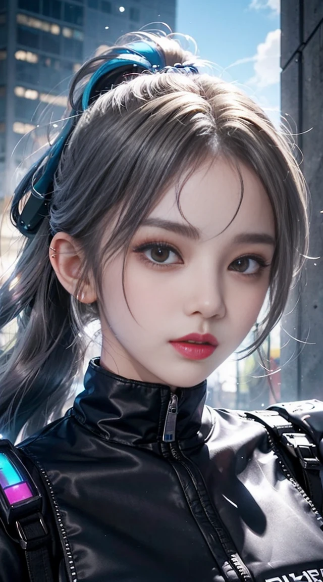 ((masterpiece)), super high quality, curly high ponytail girl, gray hair, cyberpunk style, blowing bubble candy, dressed in cyberpunk street style clothing. The whole painting is full of science and technology culture, the face is grim, exuding a glacier-like aura, petite body type, dynamic posture, golden section, lens highlights focus, Large Diameter, side light effect, white background, clear details, Light tones, very impactful picture, clear brush, Full of details, bright eyes, light and shadow tracking